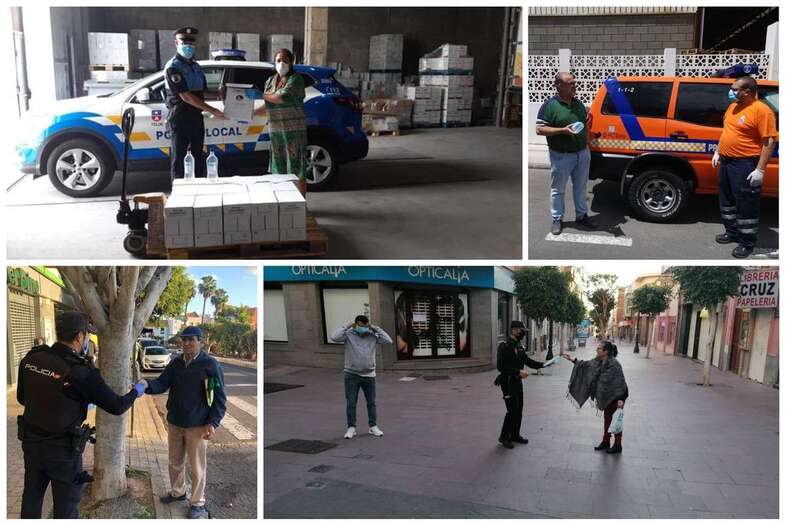 Imágenes del reparto de mascarillas y de la entrega de 40 litros de gel hidroalcohólico a la Policía Local (Foto TA)